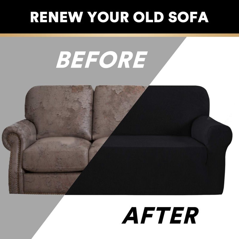 PrinceDeco Stretch Sofa Cover Slipcover Couch Covers for 3 Cushion Couch Furniture Protector Sofa Covers with Non Slip Elastic Bottom Dogs Pet Friendly Fitted (Sofa, Black) - Image 4